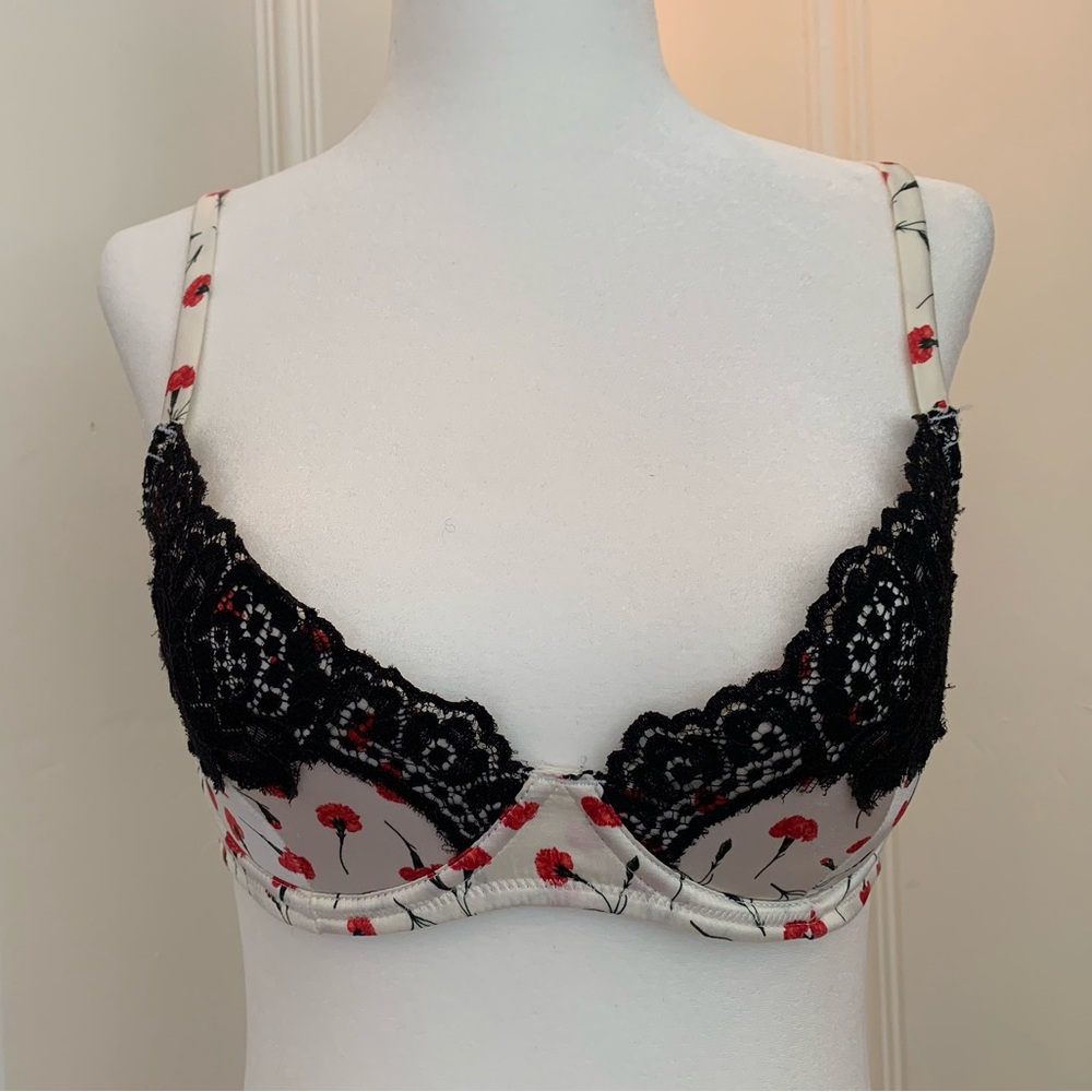 Fleur du mal James Lace lined Demi Bra - floral print Black and Red (34C)